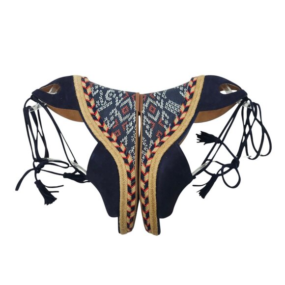 Cabi Isla Espadrille Wedge Sandals Womens 8 M Ankle Wrap Navy Suede Aztec 6001 - Picture 6 of 14